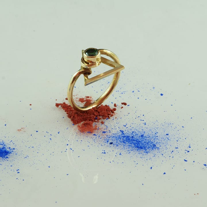 Inel aur cu zirconiu, unicat, reglabil, realizat manual din aur galben de 14k si piatra zirconiu fatetat verde.