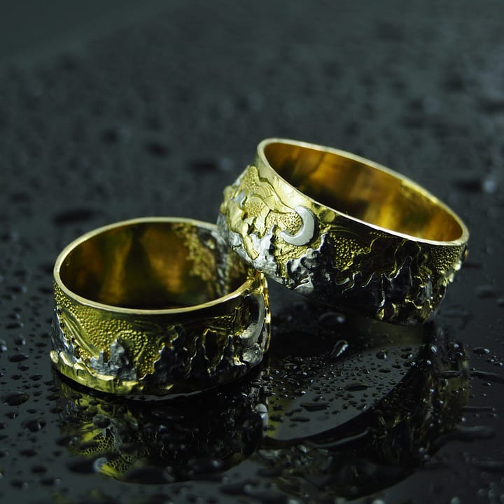 Verighete Munti, din aur 585 si platina 950, inspirate de Muntii Dolomiti, in relief,cu motive gravate. Verighete compuse din doua parti, o banda din aur si elemente traforate aplicate din platina 950, munti, soare si luna.